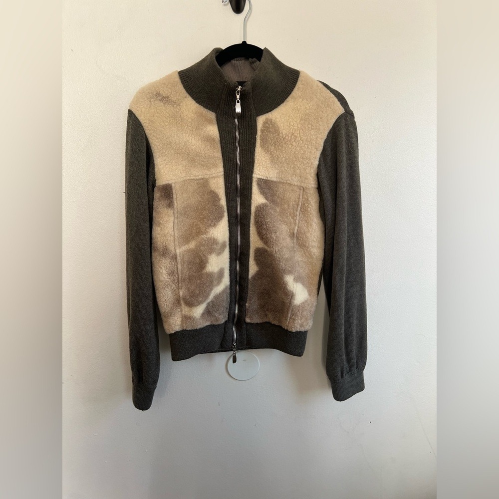 Mondi Men Italy Merino Wool Leather Shearling Full Zip Sweater Jacket Green M